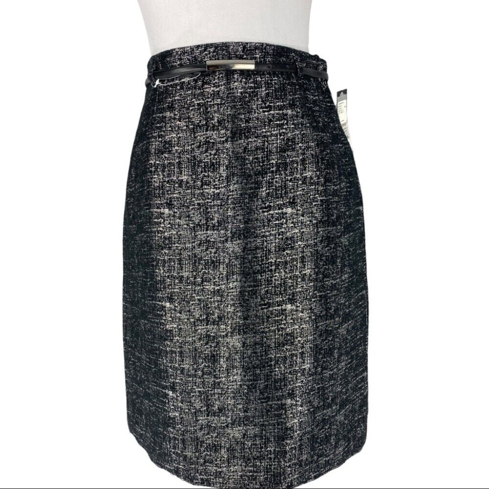 Tahari ASL Women's NWT Black‎ Silver Doris-D Straight Belted Career Skirt 4/W28